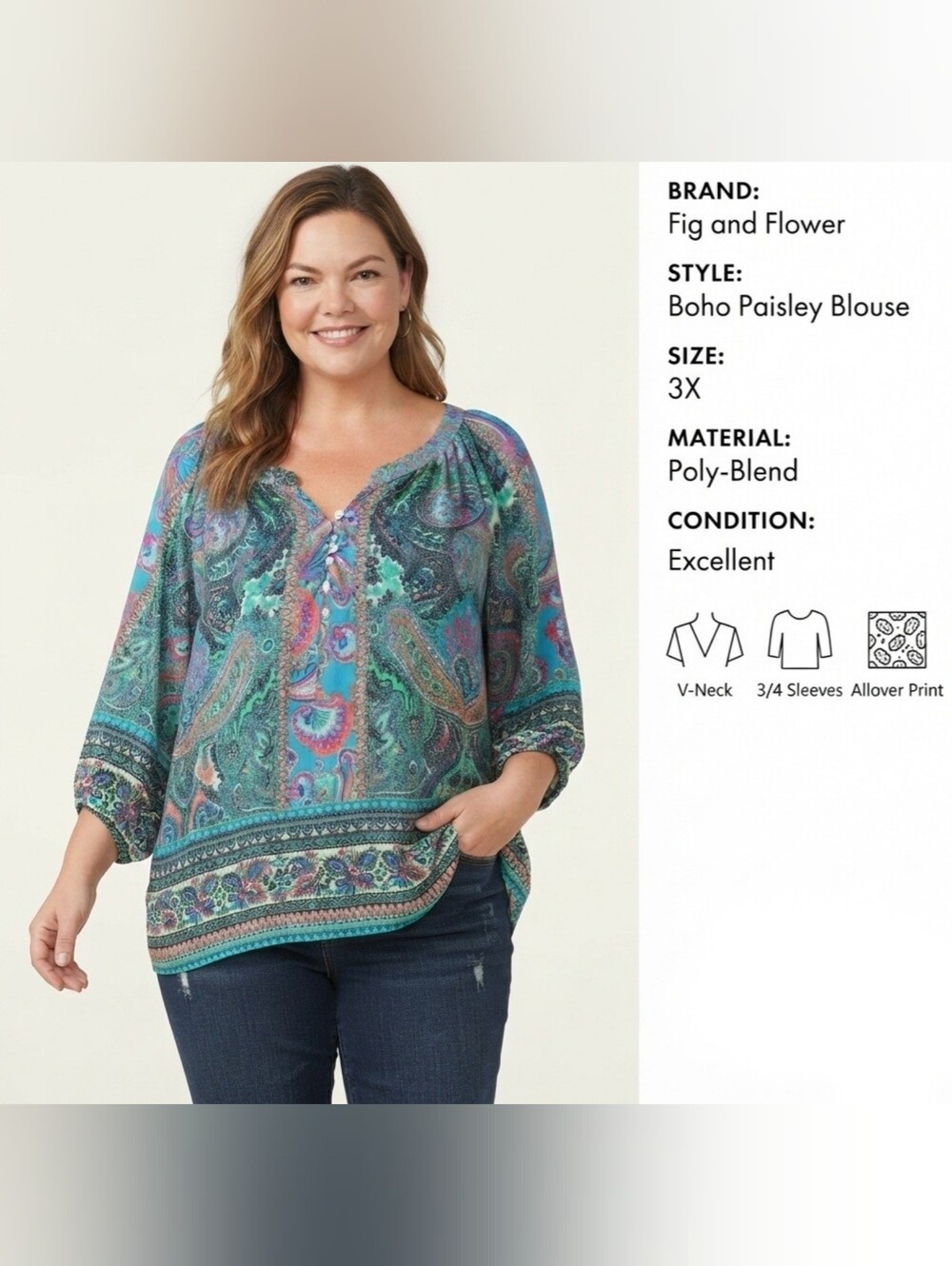 FIG AND FLOWER Boho Paisley V-Neck Tunic Blouse - Size 3X - Vibrant Colors